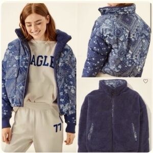 American Eagle coat Puffer Jacket Blue Floral Patchwork‎ reversible XL AEO boho